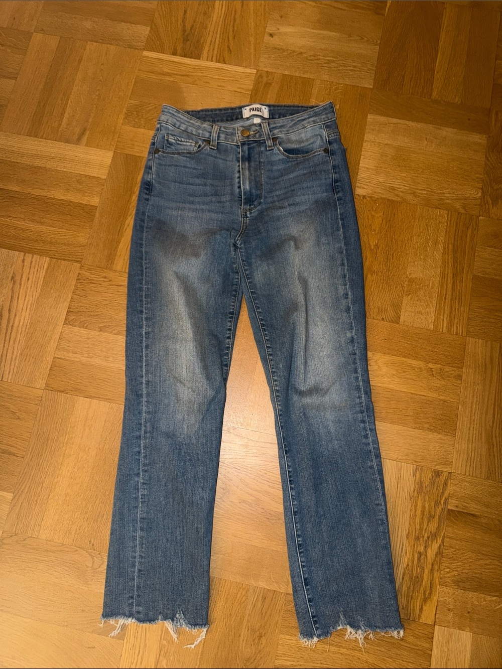 PAIGE Straight Leg Jeans in Faded Blue Wash with Frayed Hem